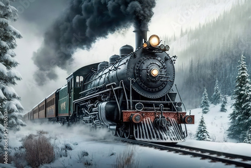 Old steam locomotive drives on the tracks through snow with smoking chimney as digital illustration (Generative AI)