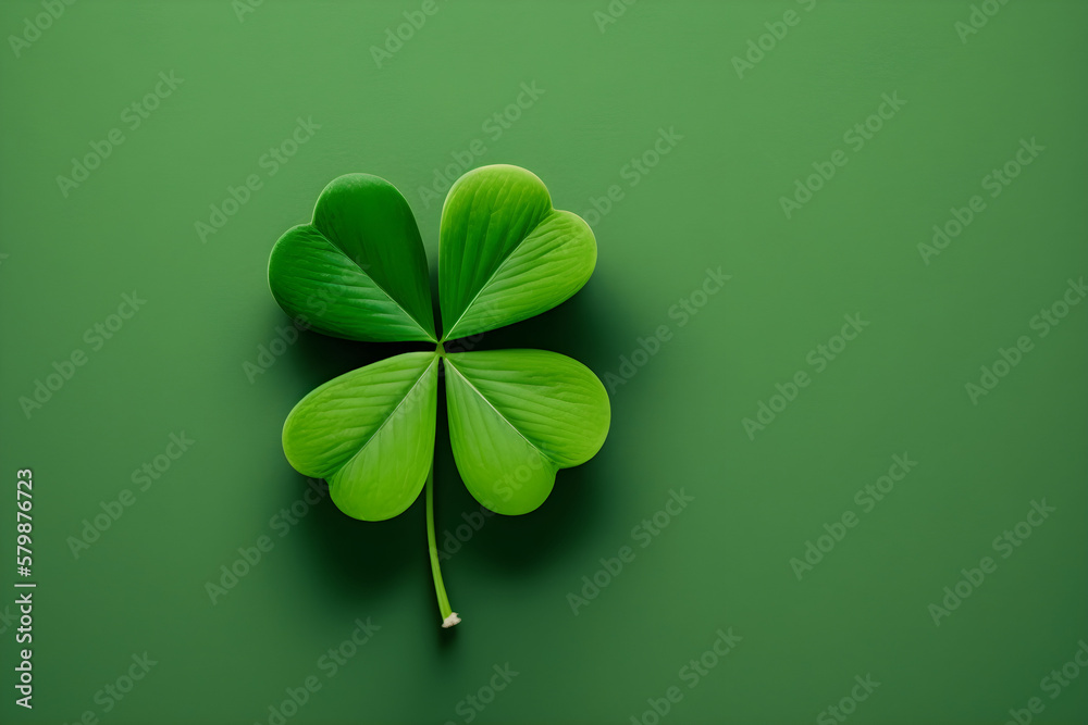 Four leaf green clover on St. Patrick's Day, bright green flat lay background, symbol for good luck holiday concept. AI Generative.