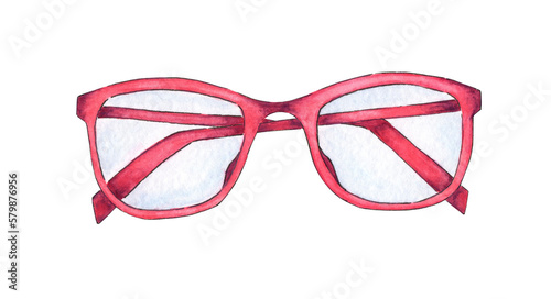 Watercolor illustration of pink glasses for vision with transparent lenses. Eye protection, improve eyesight. Back to school. Isolated on white background. Drawn by hand.