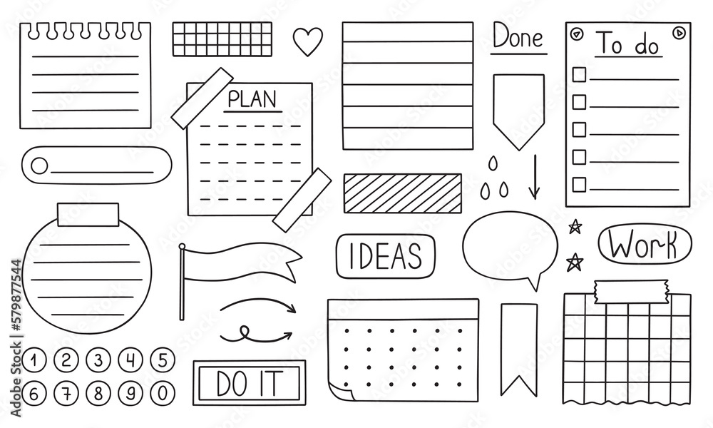 Hand drawn bullet journal doodle. Set of notes, ribbons, frames ...