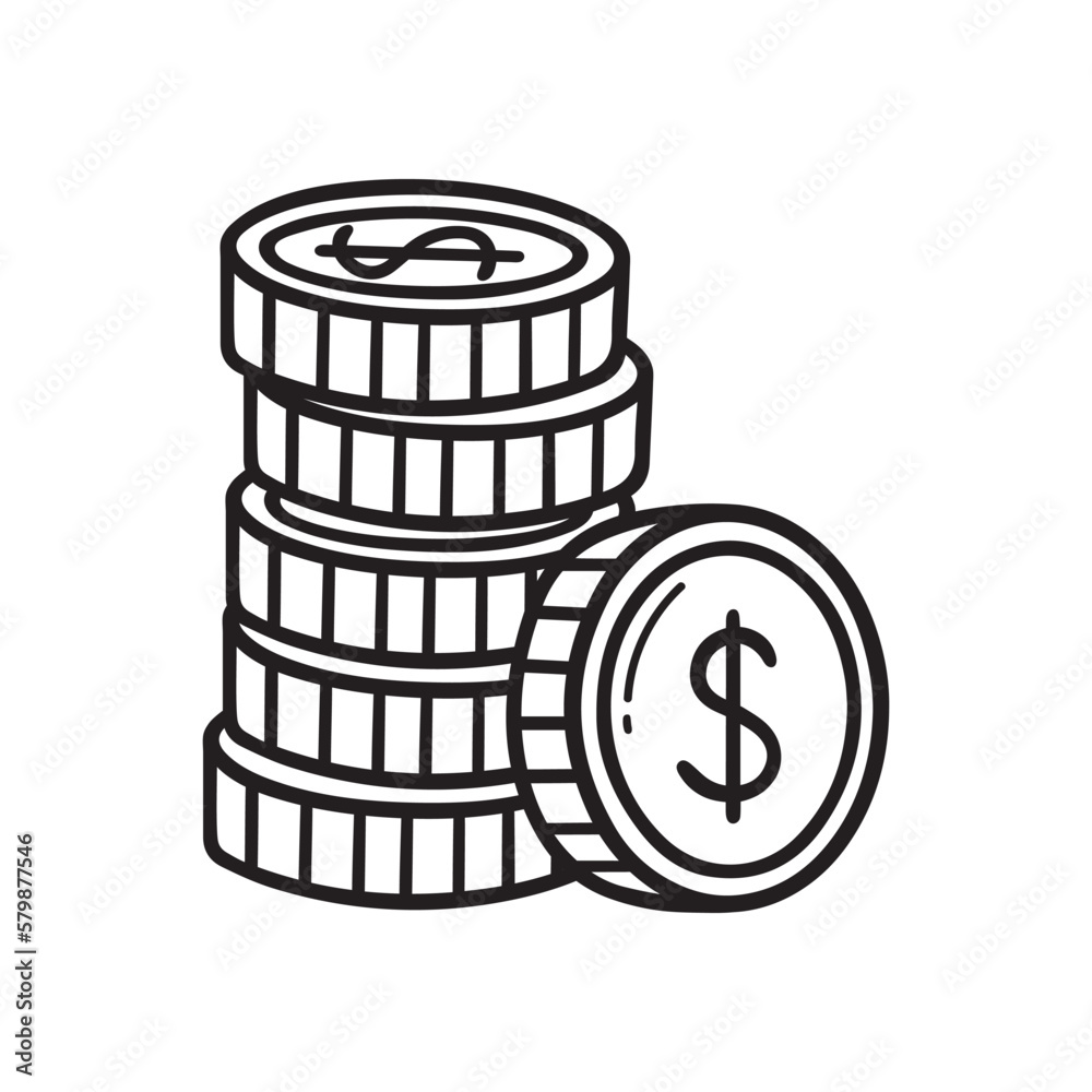 Stack of coins doodle. Pile of gold coins in sketch style. Vector illustration isolated on white background. Stack of coins doodle. Pile of gold coins in sketch style. Vector illustration isolated on white background.