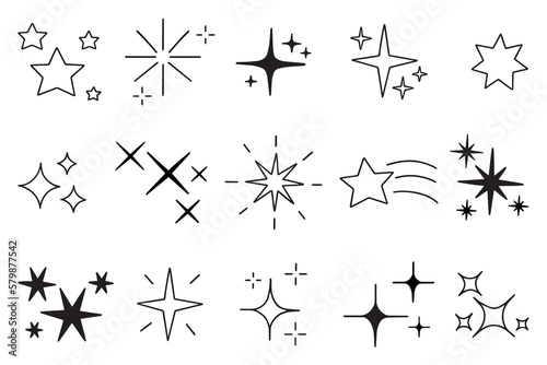 Sparkles and Twinkling stars doodle set. Glitter burst  shining star  falling star  firework  magic sparkle icons. Hand drawn vector illustration isolated on white background.