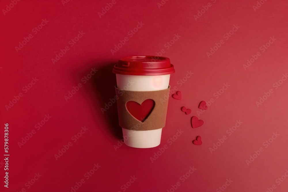 Plastic cup for hot drinks with a lid on a red background, coffee to go with heart on a red background Plastic cup for hot drinks with a lid on a red background, coffee to go with heart on a red background