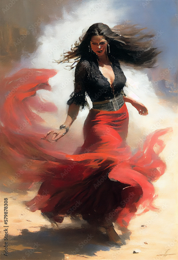 oil painting of typical spanish woman dancing flamenco. suit of lights