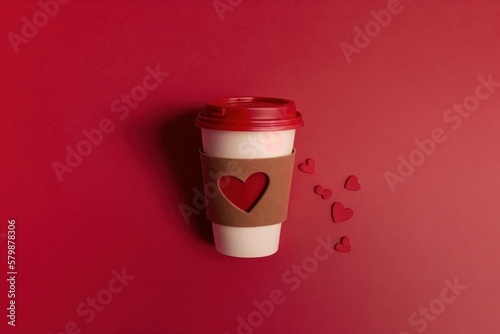 Plastic cup for hot drinks with a lid on a red background, coffee to go with heart on a red background
