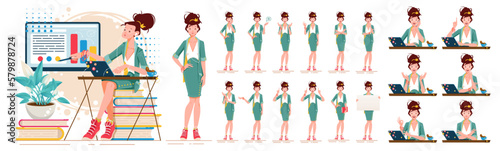 Elegant beautiful business woman in different poses set. Various gestures female character standing and sitting at the desk isolated vector illustration. Young business woman using laptop computer sit (ID: 579878724)