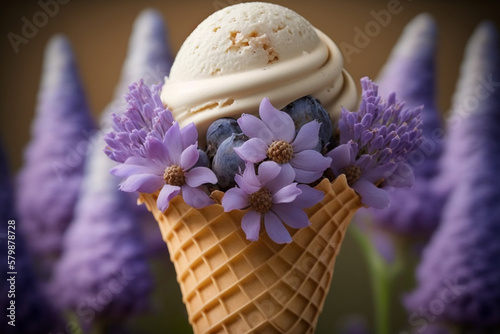 Ice cream cone decorated with lavender and lilac flowers. Generative AI