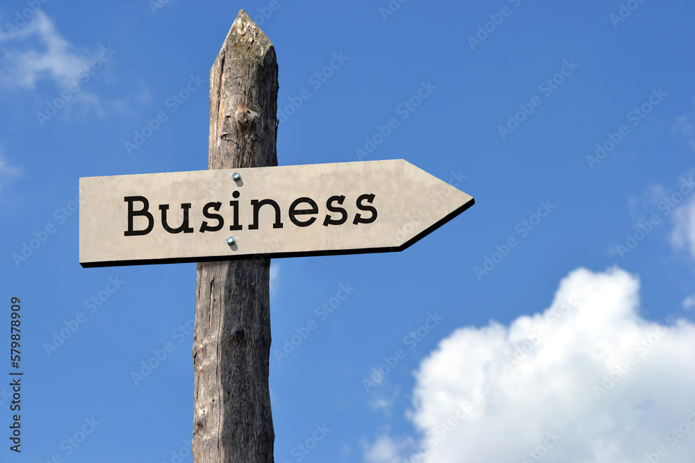 Business - wooden signpost with one arrow, sky with clouds Business - wooden signpost with one arrow, sky with clouds