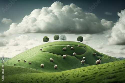 Murais de parede Rolling hillside with sheep grazing on the green grass and a cloudy sky overhead