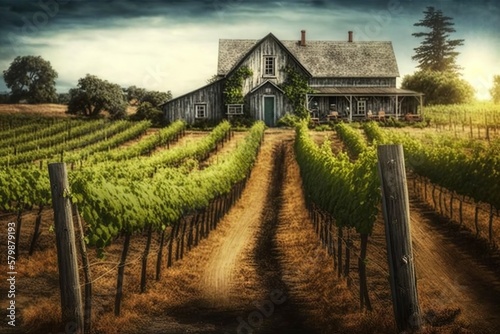 Vineyard with rows of grapevines and a rustic farmhouse in the background  concept of Rural Landscape and Terroir  created with Generative AI technology