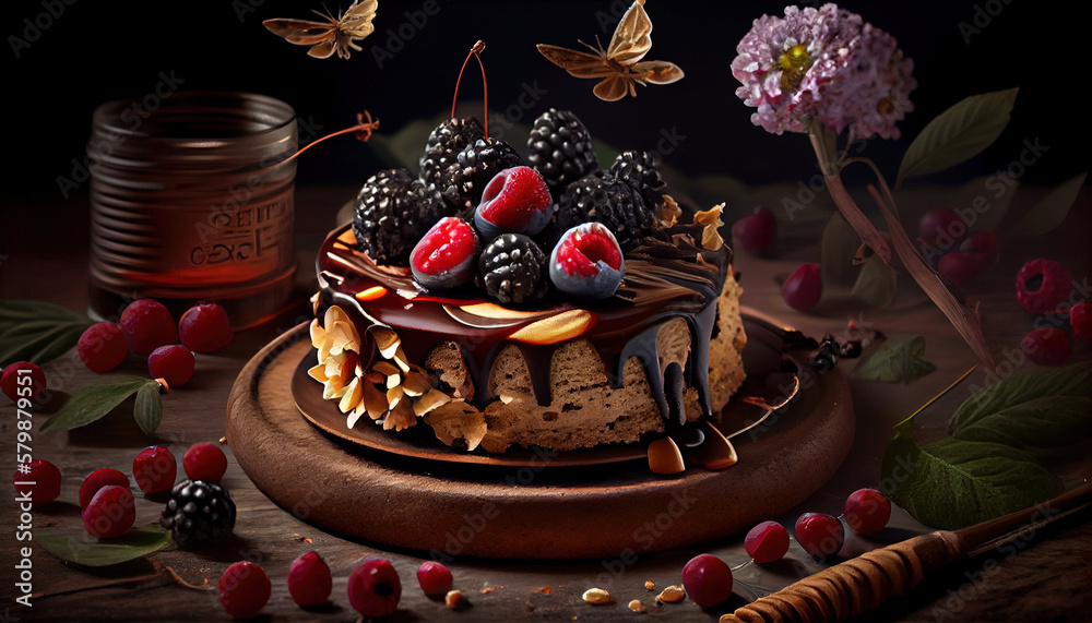 Chocolate Cake with Colorful Fruits on Plate Dark Theme Background Generative AI