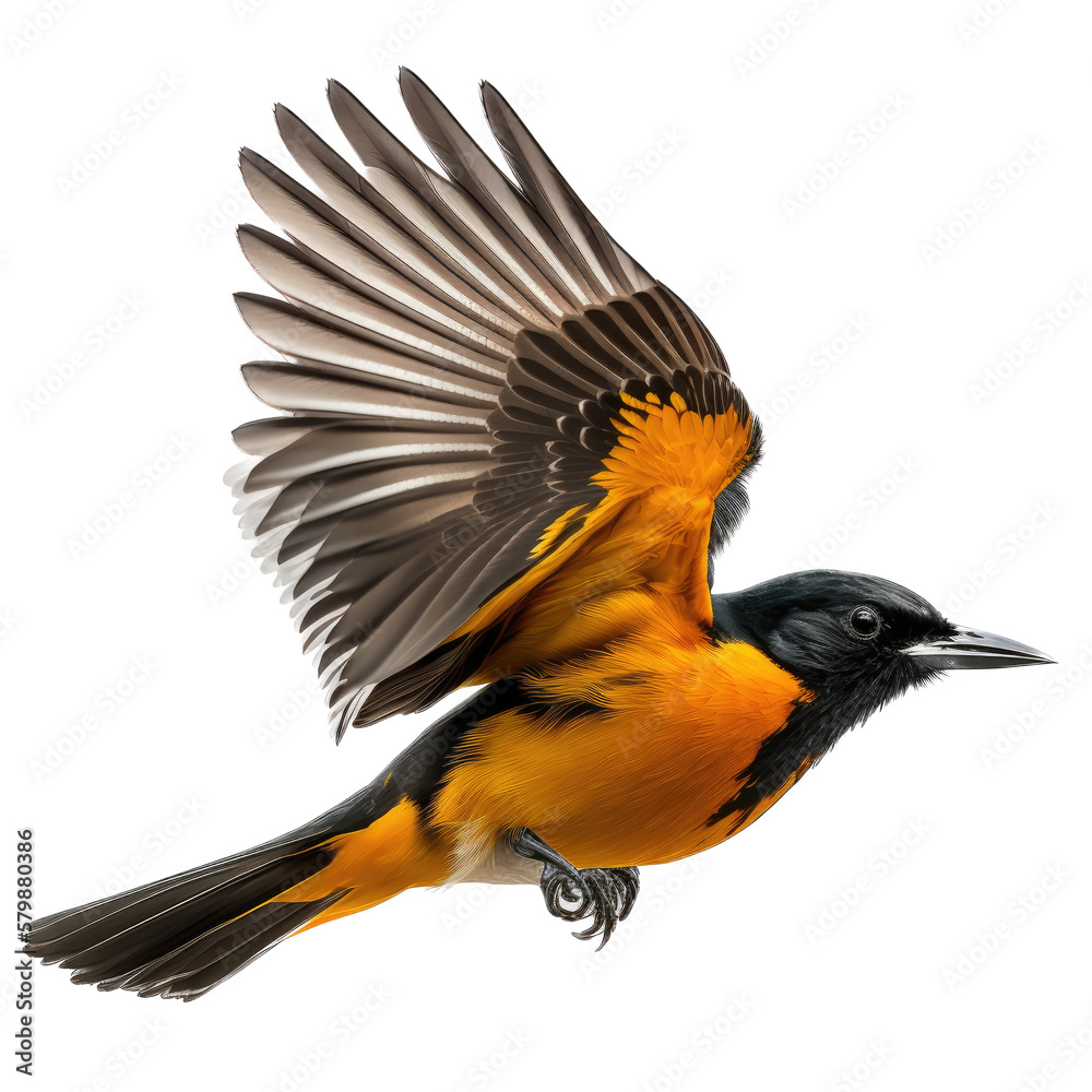 Naklejka premium a spring-themed photographic illustration of an isolated orange oriole bird in mid-flight set on a transparent background in PNG. Generative AI, Icterus