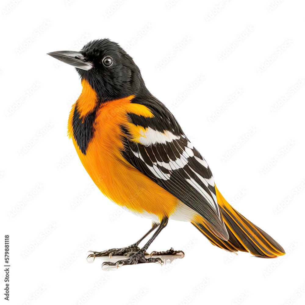 Obraz premium a spring-themed photographic illustration of an isolated orange and black Baltimore oriole bird at rest set on a transparent background in PNG. Generative AI