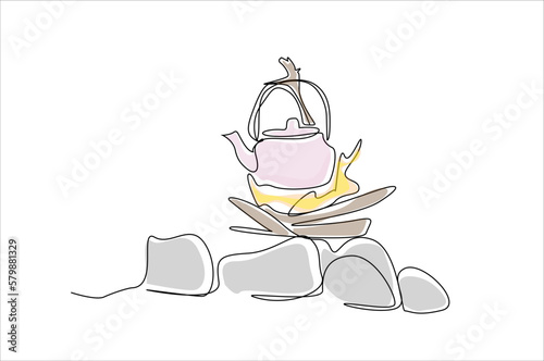 camping campfire water kettle flames burning cooking nature wildlife line drawing concept