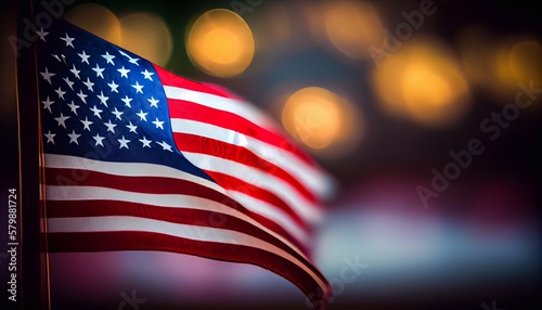 The flag of the United States against a background of beautiful bokeh. Generative AI.