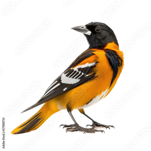 a spring-themed photographic illustration of an isolated orange and black Baltimore oriole bird at rest set on a transparent background in PNG. Generative AI