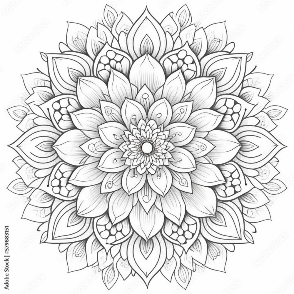 coloring page mandala design of flowers and petals simple and clean line art