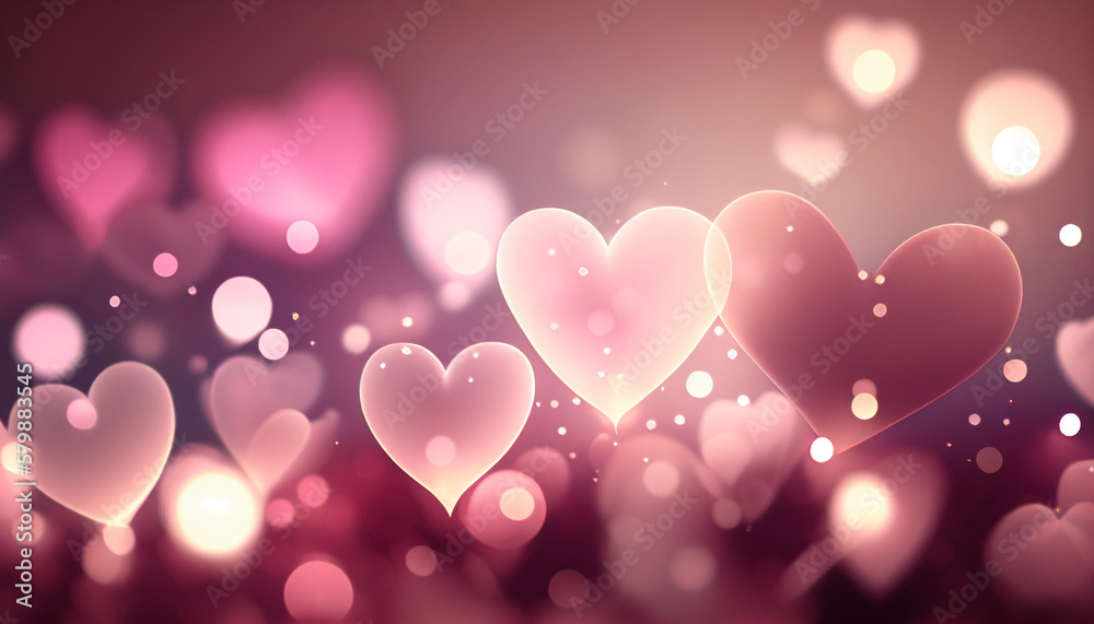 Pink hearts and glowing Bokeh. Love and romance. 