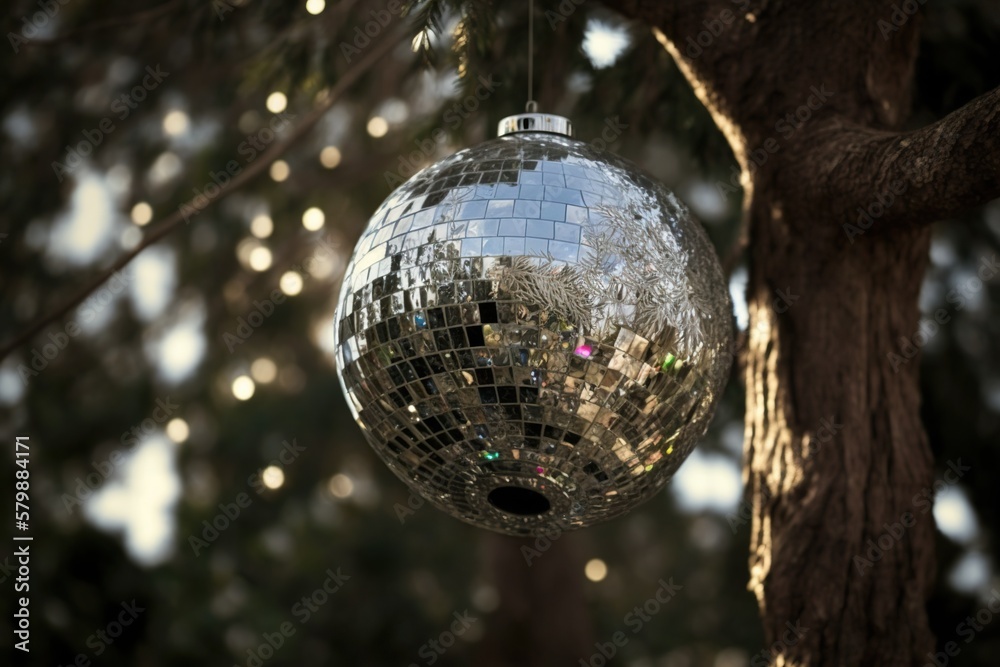 A disco ball made of polished silver hanging from a tree in the middle
