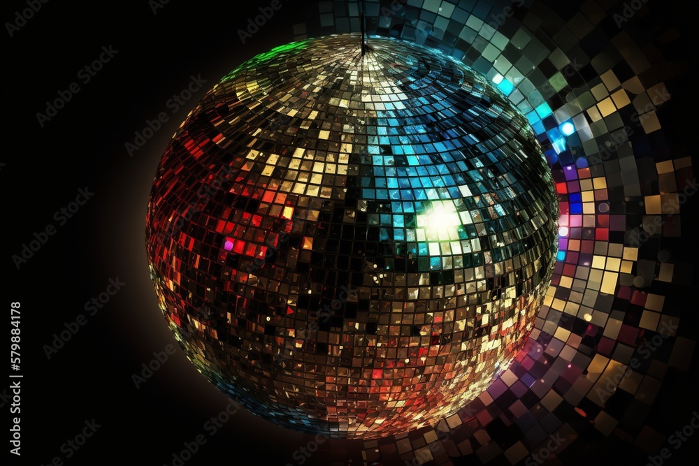 A disco ball made of shimmering glass mosaic tiles reflecting light in