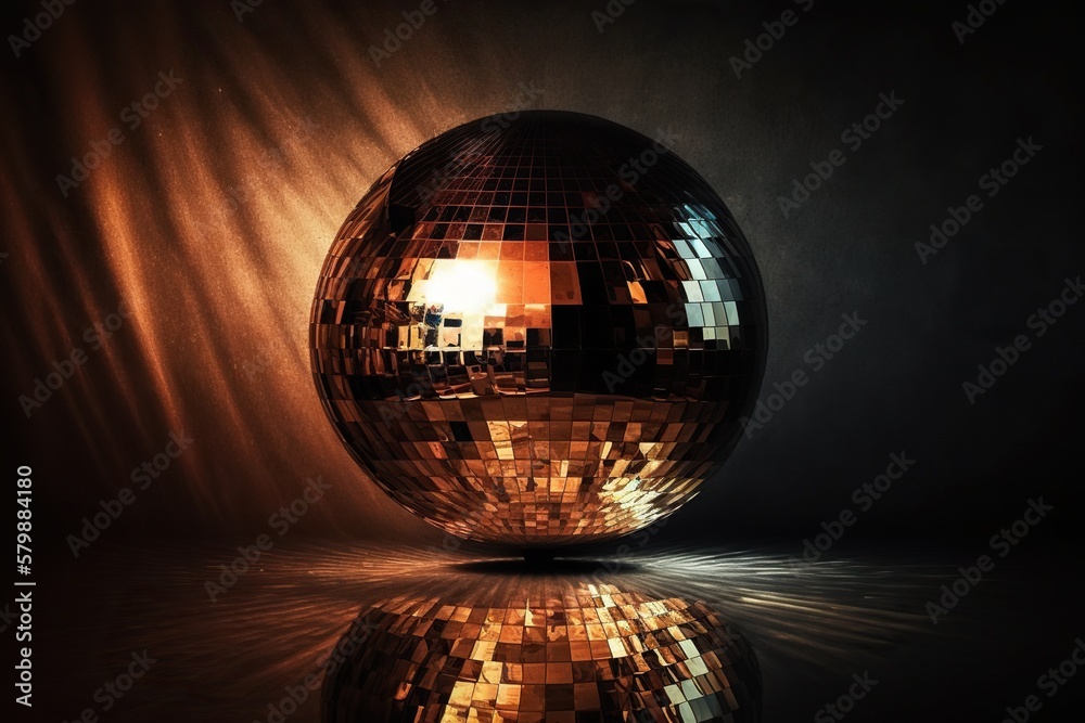 disco ball made of shiny copper spinning in the center of a dimly lit