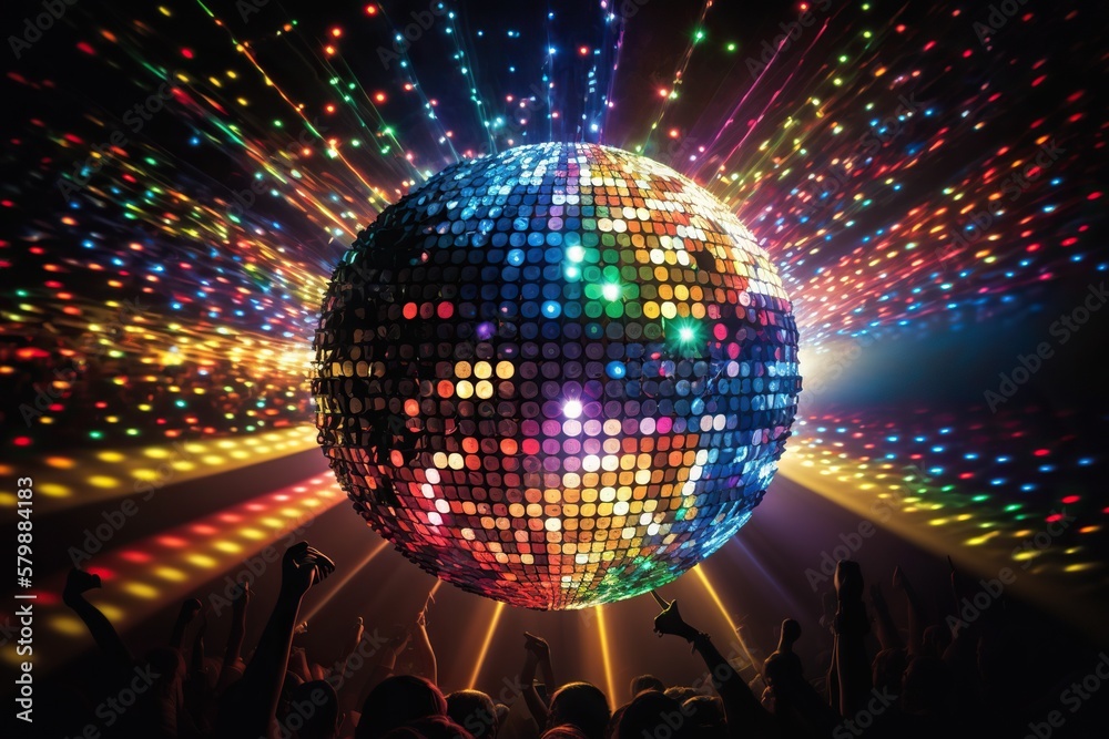 A colossal disco ball made of bright led lights creating an electric