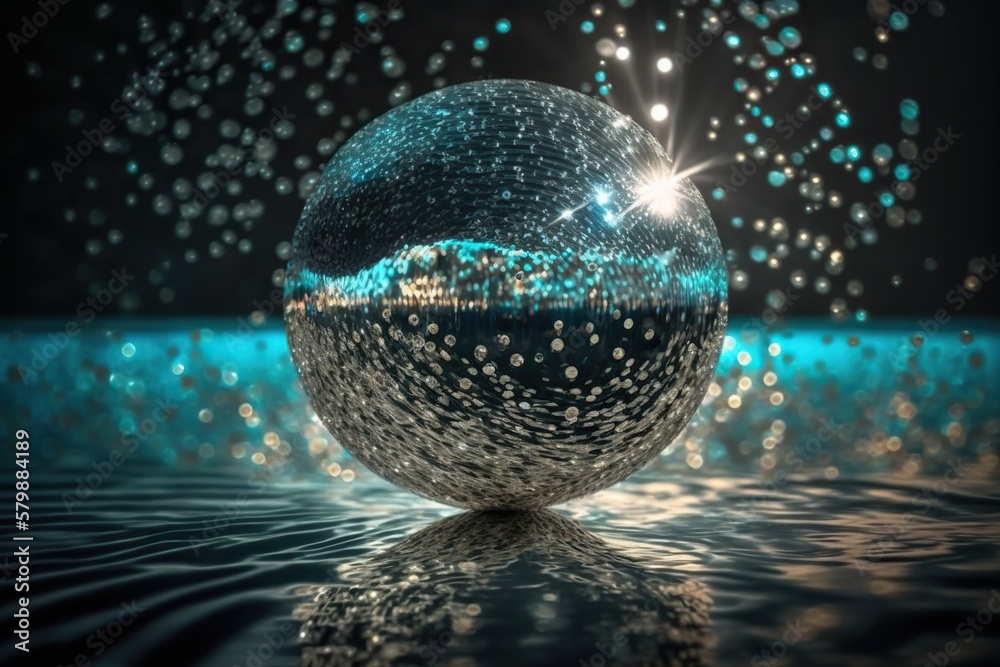 A disco ball made of sparkling crystal floating in a pool creating a