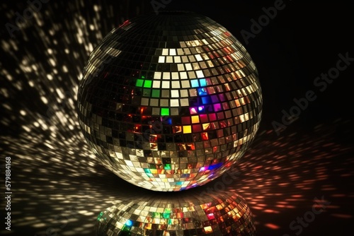 A disco ball made of shimmering glass mosaic tiles reflecting light in all directions at a vibrant nightclub, concept of Glittering and Reflection, created with Generative AI technology