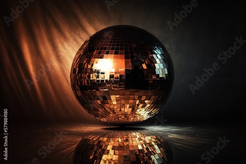 disco ball made of shiny copper spinning in the center of a dimly lit room , concept of Reflection and Refraction, created with Generative AI technology