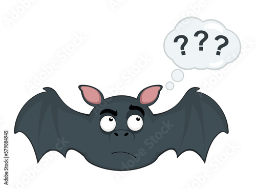 vector illustration of a vampire bat with a thinking or doubting expression, with a thought cloud with question marks