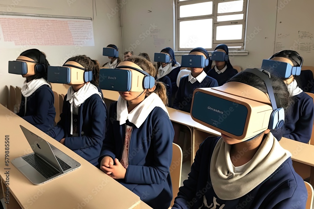 Obraz premium Childrens In Classroom all Using VR, Generative AI