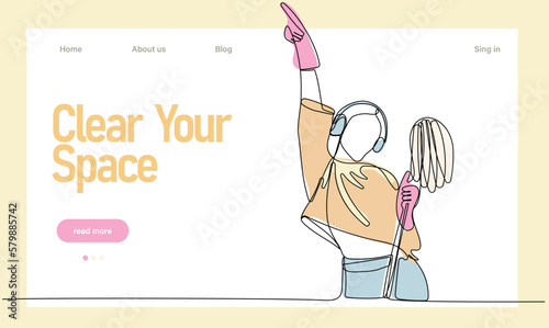 Home cleaning service landing page design concept, illustration of janitors with cleaning tools. Vector illustration