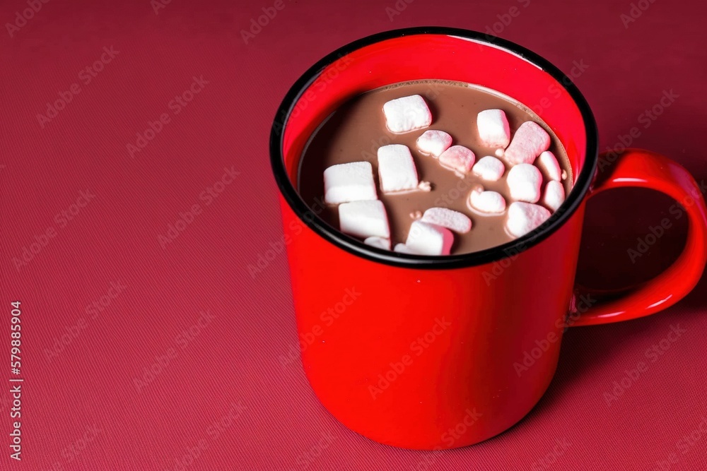 red mug with hot chocolate with small marshmallows on red background red mug with hot chocolate with small marshmallows on red background