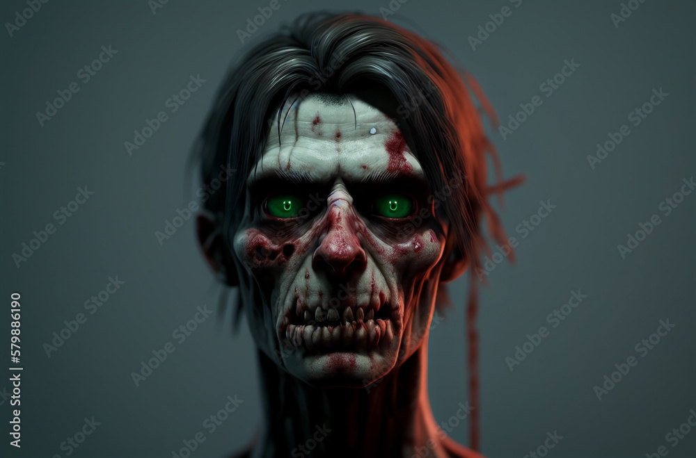 Portrait of zombie. Terrifying revived corpse with creepy expression on face. Generative AI. Portrait of zombie. Terrifying revived corpse with creepy expression on face. Generative AI.