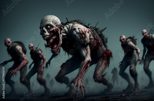 Spooky zombie. Terrifying revived corpses with creepy expression. Generative AI. © Anton Dios