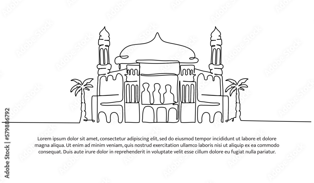 Mosque continuous line design. Islamic architectural design concept. Celebration of Ramadan, Eid al-Fitr Eid al-Adha and Islamic New Year. Decorative elements drawn on a white background.