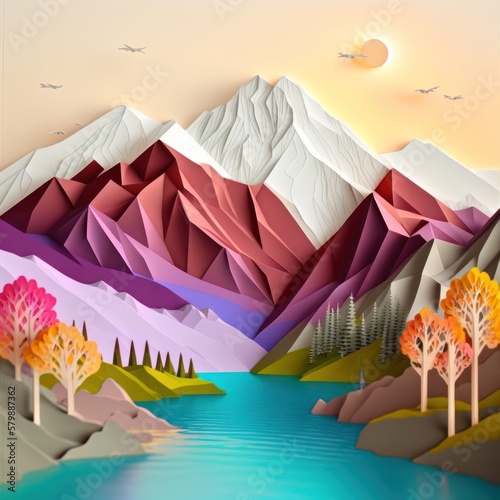 With careful attention to the crafting and design, a papercut diorama of a mountain landscape with a nature background can make a one-of-a-kind piece of art that inspires awe and wonder, GENERATIVE AI