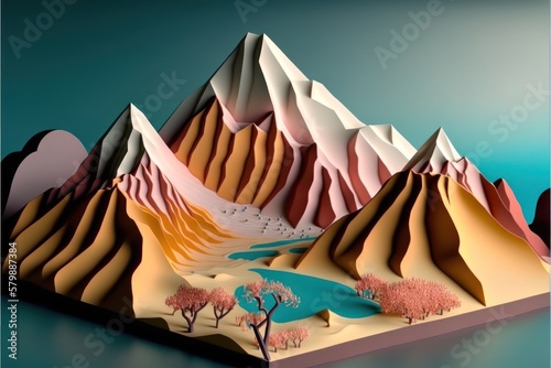 Papercut diorama landscape mountain nature background, GENERATIVE AI