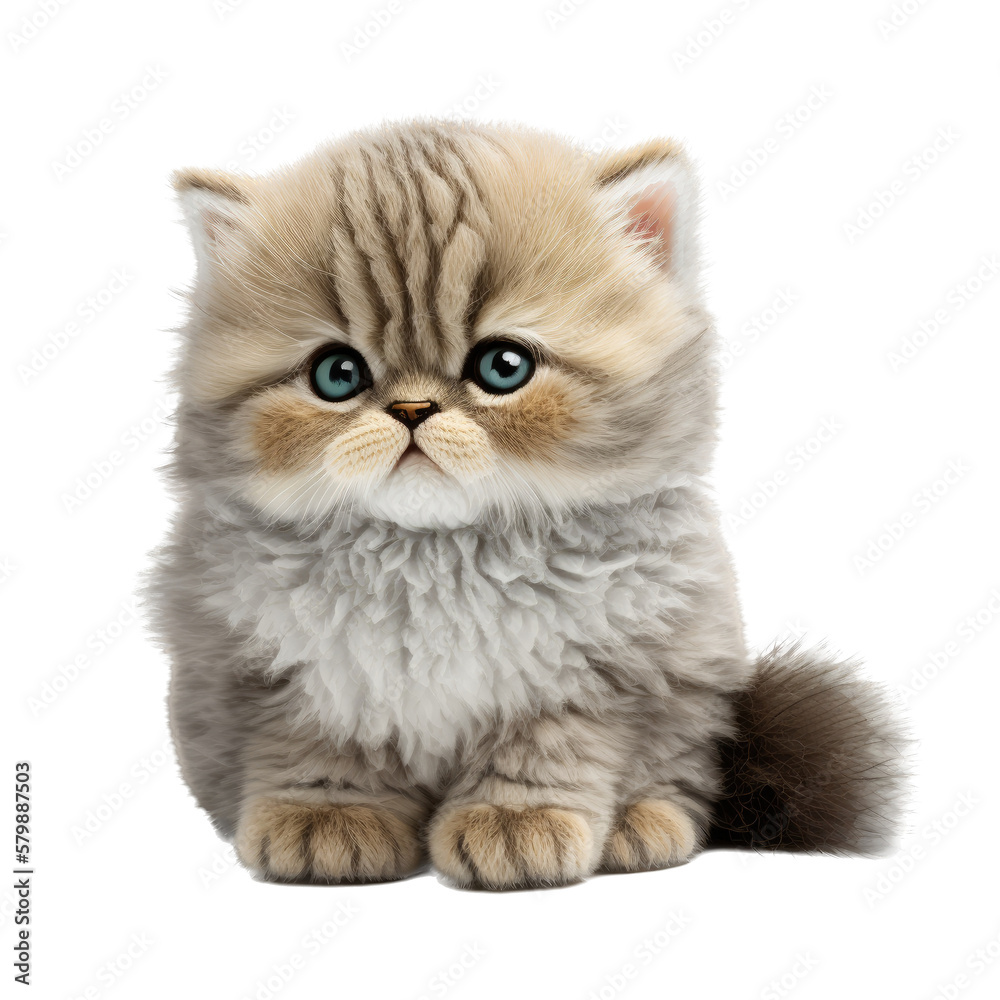 a toy-themed photographic illustration featuring an isolated adorable tiny Persian kitty cat with cute eyes set on a transparent background in PNG. Generative AI