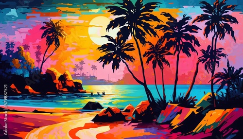 Paradise Sunset: A Vibrant Illustration of a Tropical Beach, Generative AI photo