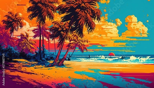 Paradise Sunset: A Vibrant Illustration of a Tropical Beach, Generative AI