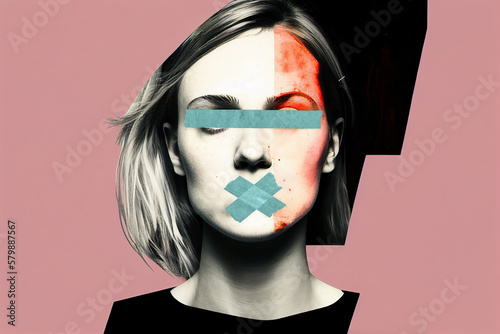 portrait de femme décomposé artistique censuré et déchiré, oppression et censure photo
