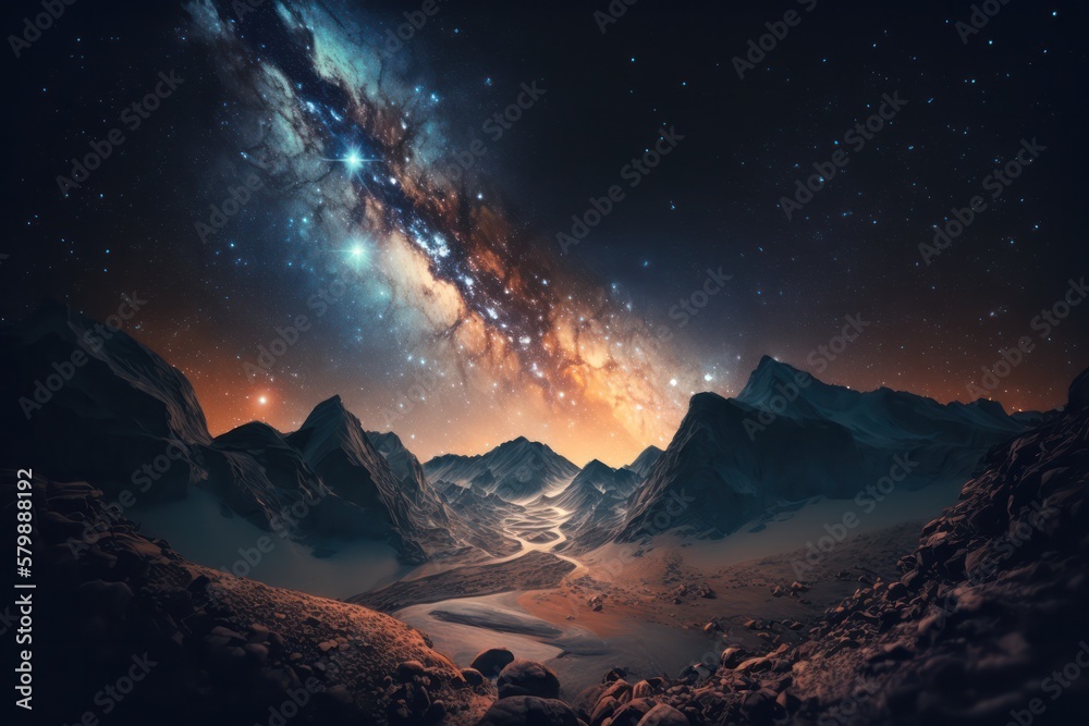 Landscape at night with star sky and milky way galaxy. Generative AI