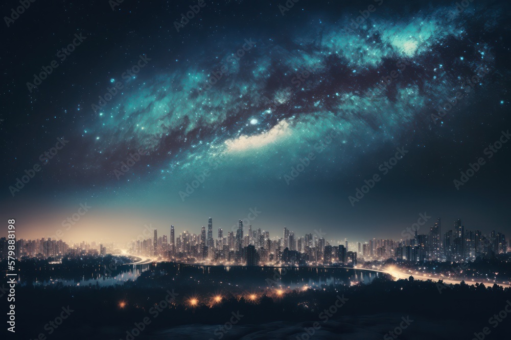 City landscape at night with stars and milky way galaxy. Generative AI