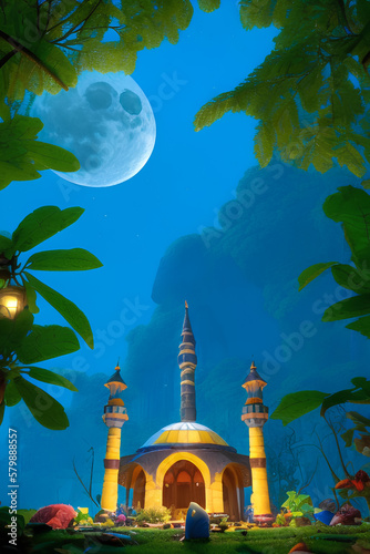 Illustration of a Glowing Mosque or Masjid in the Middle of a Forest, Tranquility of the Night with Yellow and Moonlight. Ramadan Kareem, Eid al-Fitr and Eid al-Adha background. Generative AI. © Bobby Syahronanda