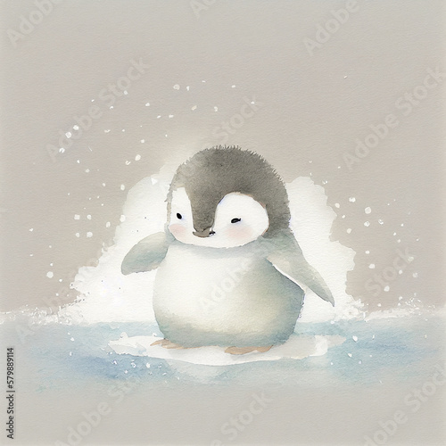 cute baby penguin, watercolor illustration, generative ai 