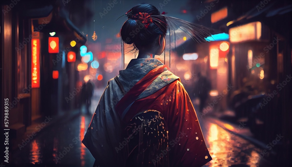 Obraz premium A Japanese woman in national Japanese costume walks down the street. Generative AI.