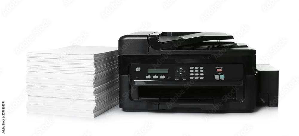 Modern printer and stack of paper on white background Modern printer and stack of paper on white background
