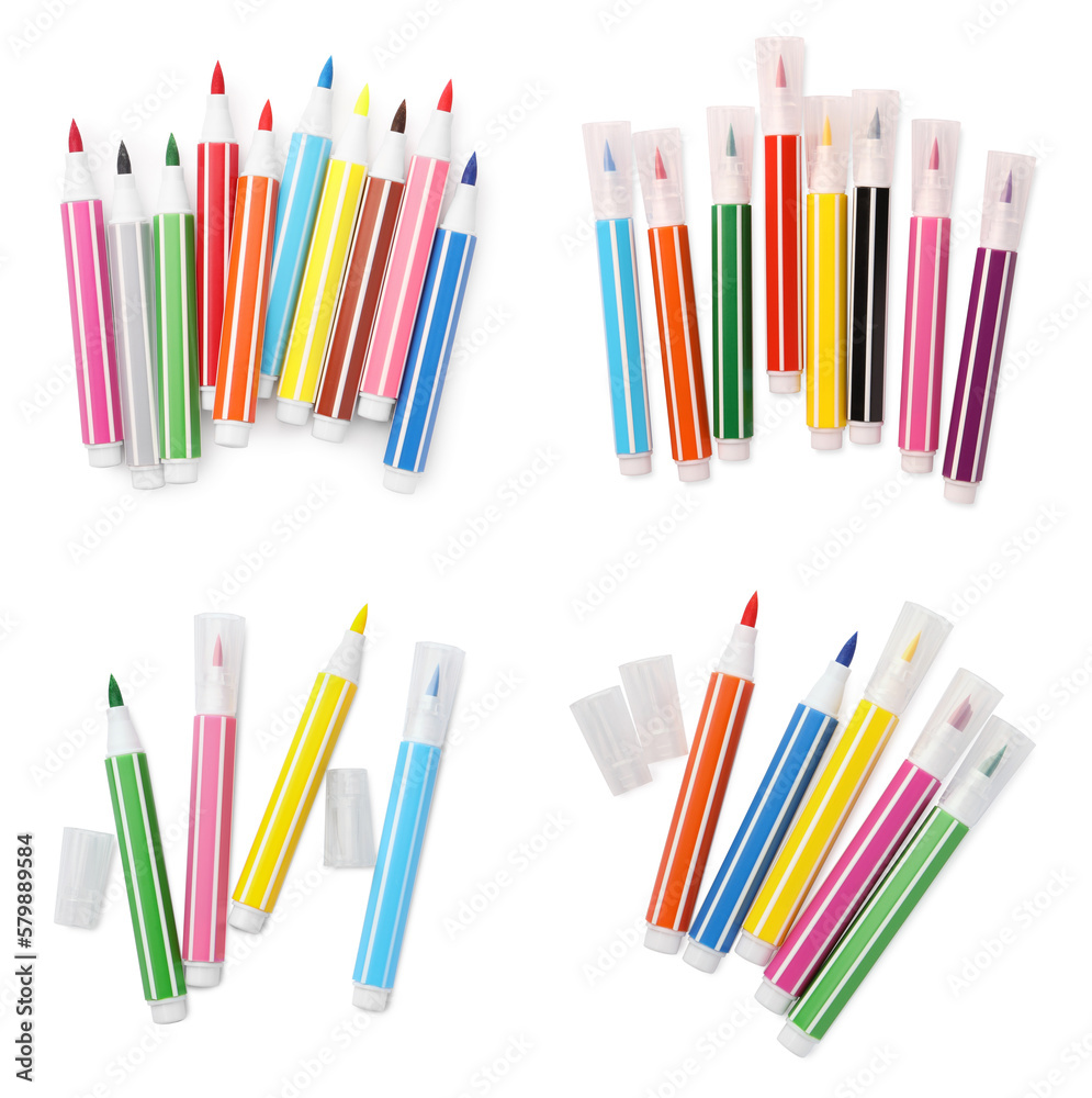 Obraz premium Collage with many colorful felt tip pens on white background, top view