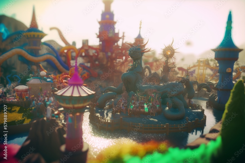 Hyper-Detailed Fantasy Theme Park with Mythical Creature Rides and ...